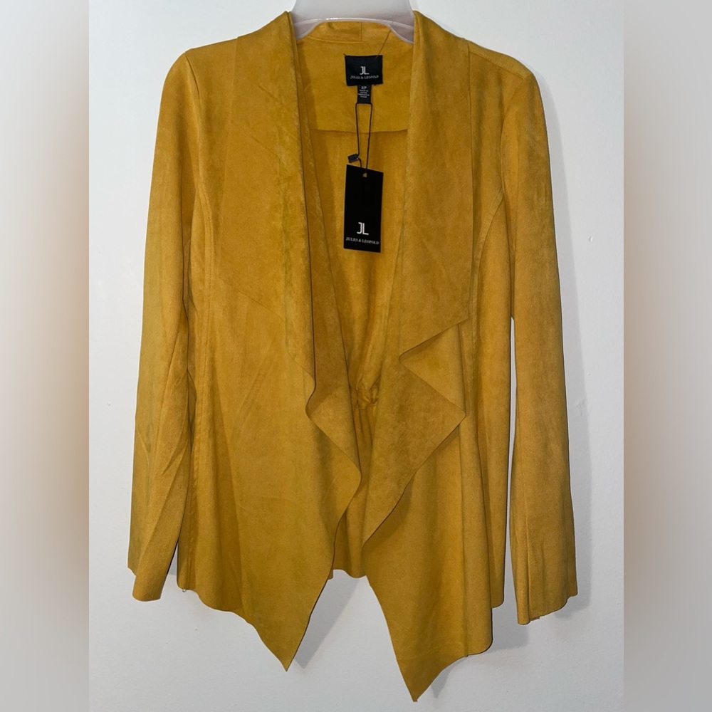 NWT- Jules & Leopold Women's Golden Tan Faux Suede Open Front Draped Hem Jacket